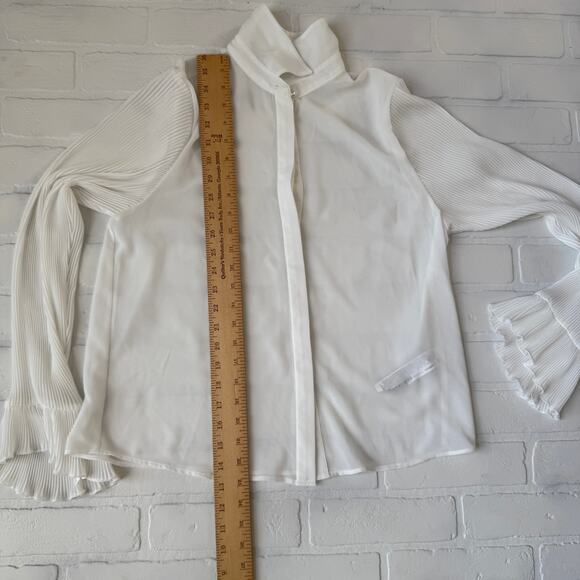 ZARA Women's Shear White Button Down Top Pleated Sleeves Pearl Detail sz S - Picture 9 of 9